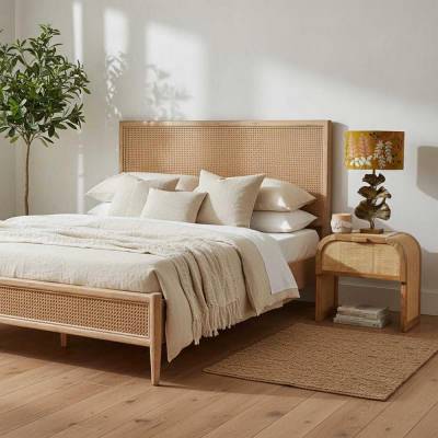 Bayview Acacia Timber & Rattan Platform Bed, Queen