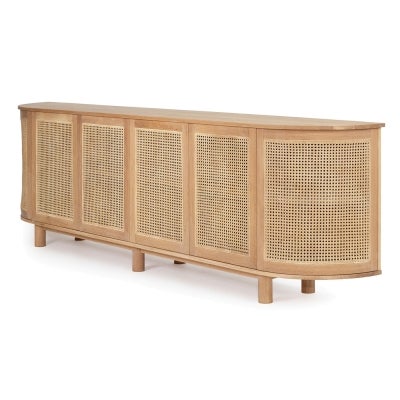 Sandestin American Oak Timber & Rattan  6 Door Curved Sideboard, 300cm, Natural