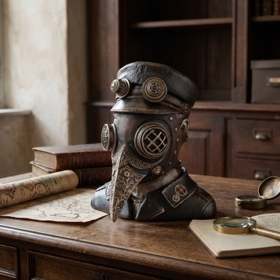 Veronese Cold Cast Bronze Coated Steampunk Statue, Plague Doctor