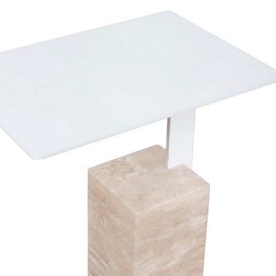 Hilma Metal & Travertine Side Table, Matt White / Sand