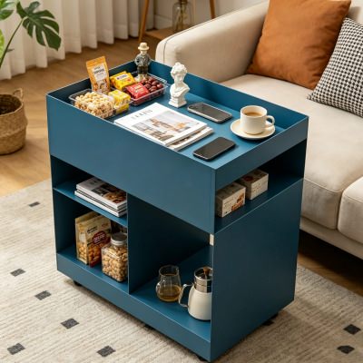 Britton Iron Tray Top Side Table with Castors, Blue