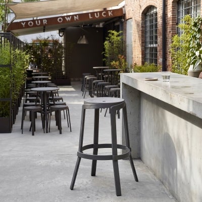 Stack Maxi Italian Made Commercial Grade Stackable Indoor / Outdoor Round Bar Stool, Basalto Grey