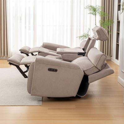 Myrith Velour Fabric Electric Recliner Sofa, 3 Seater, Latte