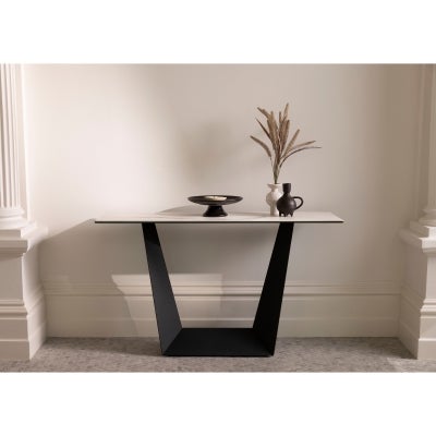 Nadia Ceramic Glass Top Modern Console Table, 130cm, Marmo White / Black