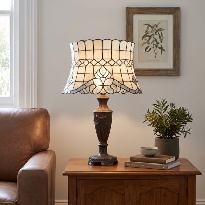 Vienna Tiffany Style Stained Glass Table Lamp with Bowed Drum Shade