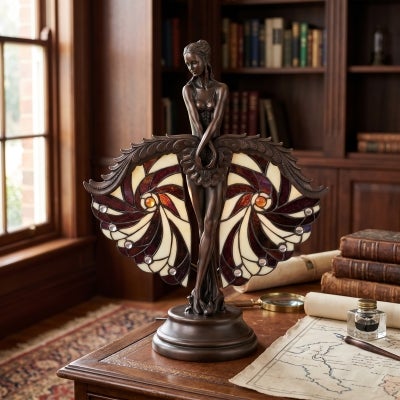 Show Girl Tiffany Style Stained Glass Figurine Decor Lamp, Bronze