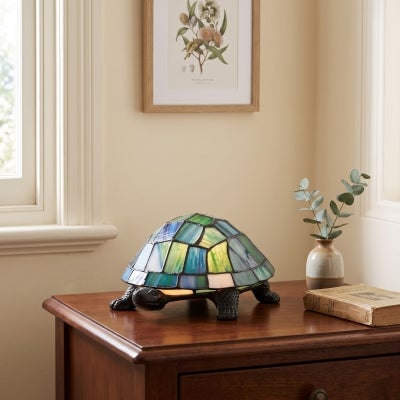 Wolseley Tiffany Style Stained Glass Turtle Statue Table Lamp, Blue / Green