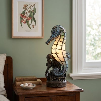 Tiffany Style Stained Glass Statue Table Lamp, Seahorse