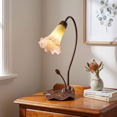 Lily Tiffany Style Stained Glass Flower Table Lamp, Single Shade, Yellow / Blush