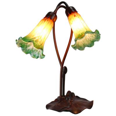 Lily Tiffany Style Stained Glass Flower Table Lamp, Double Shade, Amber / Green