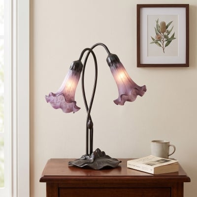 Lily Tiffany Style Stained Glass Flower Table Lamp, Double Shade, Purple