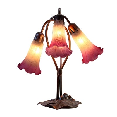 Lily Tiffany Style Stained Glass Flower Table Lamp, Triple Shade, White / Magenta