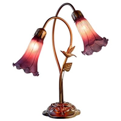 Hummingbird Lily Tiffany Style Stained Glass Flower Table Lamp, Double Shade, Purple