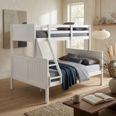 Neves Rubberwood Timber Bunk Bed, Trio, White
