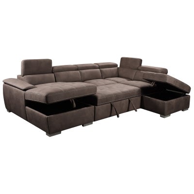 Evanston Fabirc Modular U-shape Sofa / Pull Out Sofa Bed, 5 Seater with LHF Chaise & Ottoman, Mushroom