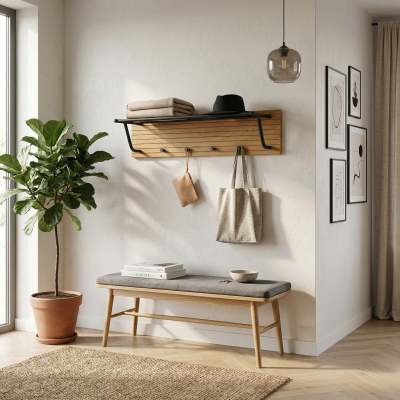 Line Wooden Wall Coat Hanger with Metal Shelf