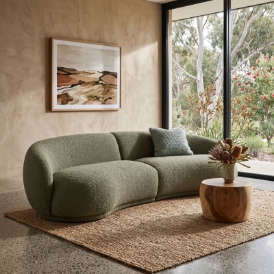 Olina Sherpa Boucle Fabric Curved Sofa, 4 Seater, Green