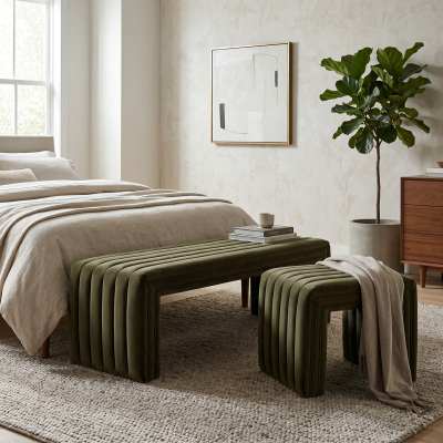 Remus Velvet Fabric Ottoman Bench, 140cm, Moss