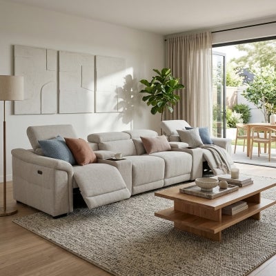 Romie Fabric Home Theatre Electric Recliner Sofa, 4 Seater, Light Grey