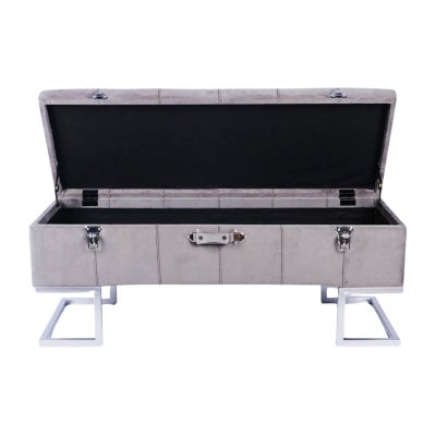 Syvella Velvet Fabric Storage Trunk Ottoman Bench, Grey / Silver