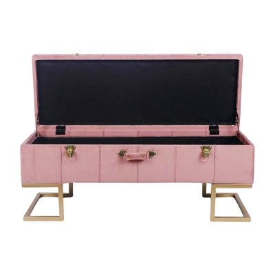 Syvella Velvet Fabric Storage Trunk Ottoman Bench, Pink / Gold