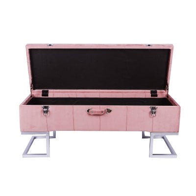 Syvella Velvet Fabric Storage Trunk Ottoman Bench, Pink / Silver