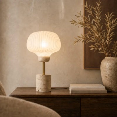 Vybor Travertine & Iron Base Table Lamp