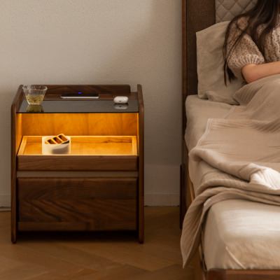 Myra American Walnut Timber Smart Bedside Table with Wireless Charger & LED Light