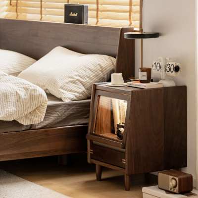 Zekari American Walnut Timber Flip-up Door Bedside Table, 40cm