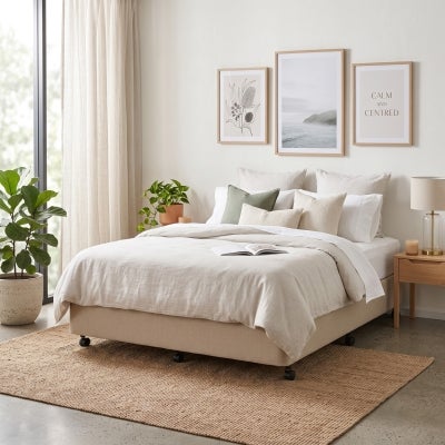 Chesden Australian Made Commercial Grade Fabric Ensemble Bed Base with Castor Feet, Queen, Beige