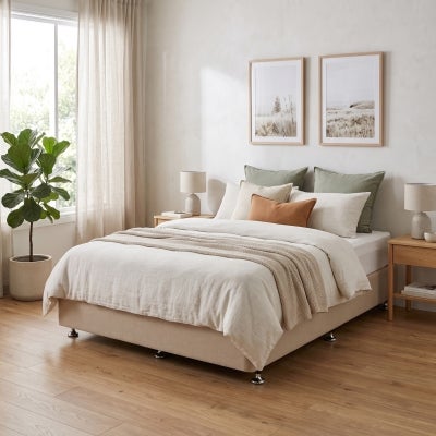 Chesden Australian Made Commercial Grade Fabric Ensemble Bed Base with Chrome Hood Glide Feet, Queen, Beige