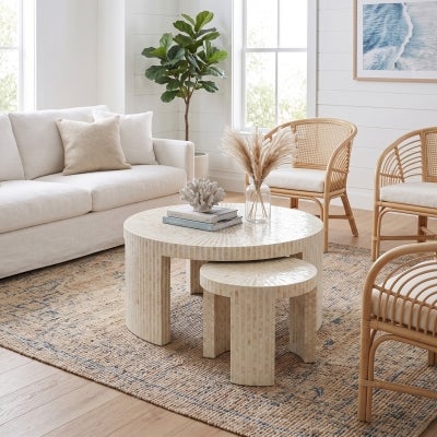 Nassau Shell Inlaid 2 Piece Round Nested Coffee Table Set, 90cm