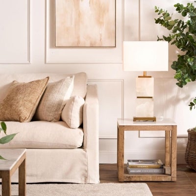 Denver Aveyron Marble Topped Oak Timber Side Table, Natural
