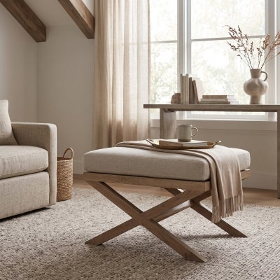 Rossmore Oak Timber Ottoman Stool with Linen Seat, Weathered Oak / Oatmeal