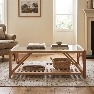 Bennett Glass Top Oak Timber Coffee Table, 120cm, Natural Oak