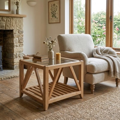 Bennett Glass Top Oak Timber Side Table, Natural Oak