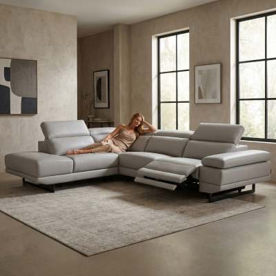 Nariol Leather Modular Corner Sofa with Electric Recliner, 4 Seater with Left Terminal, Light Grey