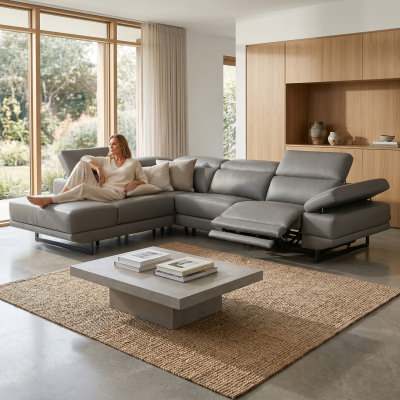 Nariol Leather Modular Corner Sofa with Electric Recliner, 4 Seater with Left Terminal, Gunmetal
