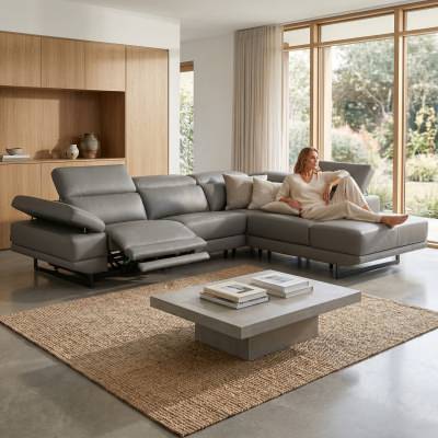Nariol Leather Modular Corner Sofa with Electric Recliner, 4 Seater with Right Terminal, Gunmetal