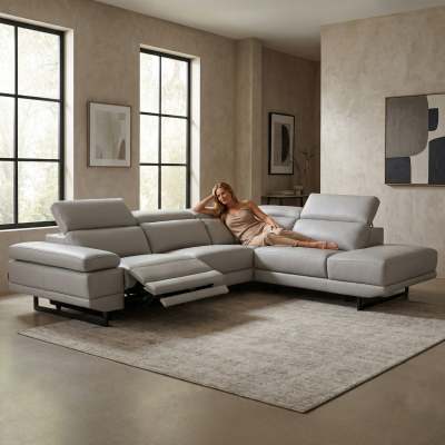 Nariol Leather Modular Corner Sofa with Electric Recliner, 4 Seater with Right Terminal, Light Grey