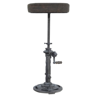 Blackburn Iron Industrial Windup Counter / Bar Stool, Vintage Leather Seat