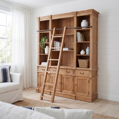 Souvigny Hand Crafted Mahogany Bookcase with Ladder, Weathered Oak