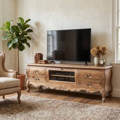 Amplepuis Hand Crafted Mahogany 4 Drawer 180cm TV Unit, Weathered Oak