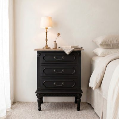 Lapalisse Hand Crafted Mahogany Timber 3 Drawer Bedside Table, Black / Weathered Oak