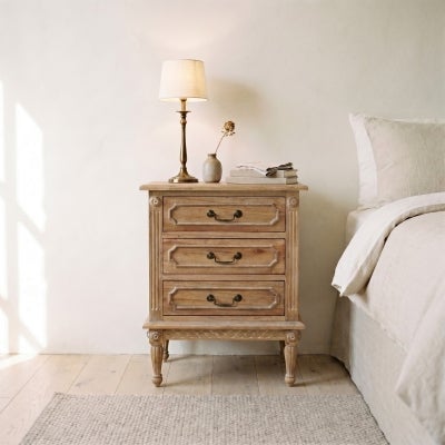Lapalisse Hand Crafted Mahogany Timber 3 Drawer Bedside Table, Weathered Oak