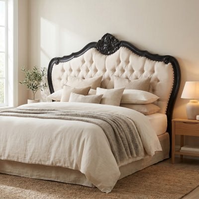 Challuy Hand Crafted Mahogany Upholstered King Size Bedhead, Black