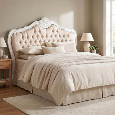 Challuy Hand Crafted Mahogany Upholstered King Size Bedhead, White