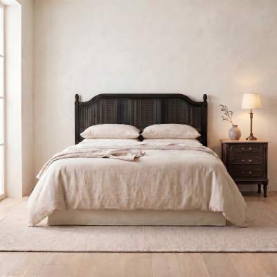 Lapalisse Hand Crafted Mahogany Timber & Rattan Bed Headboard, King, Black