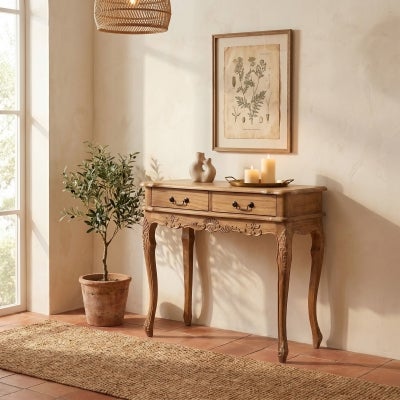 Viriville Hand Crafted Mahogany 2 Drawer Console Table, Weathered Oak