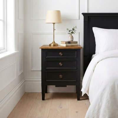 Belley Hand Crafted Mahogany Timber Bedside Table with Weathered Oak Top, Black